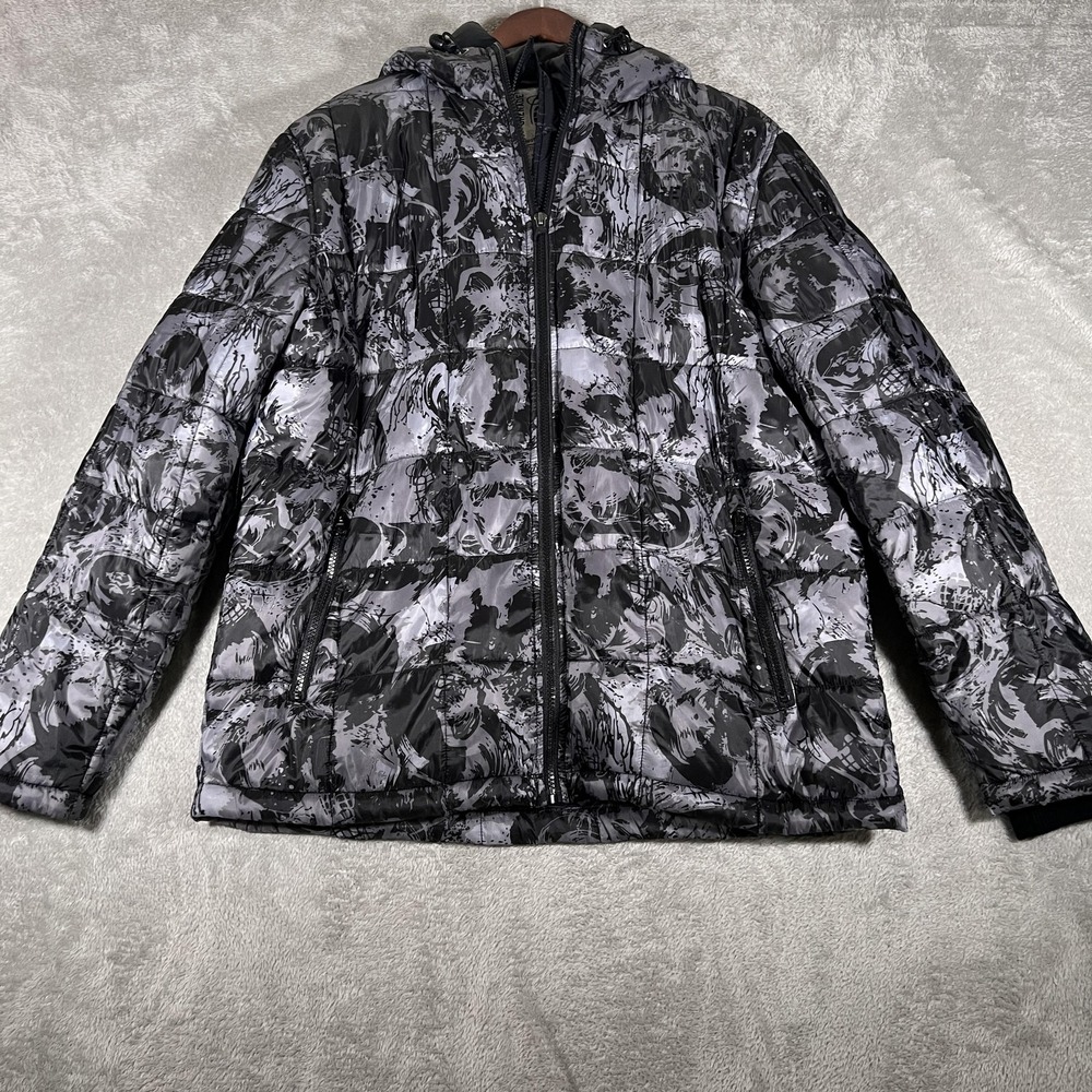 Grenade‎ Jacket Mens Large Gray Black Camo Hooded Puffer Quilted Insulated Ski